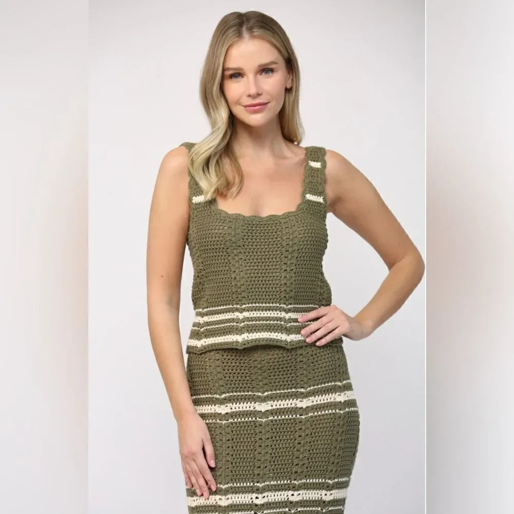 038. Crochet Tank & Skirt Set- Olive/Cream